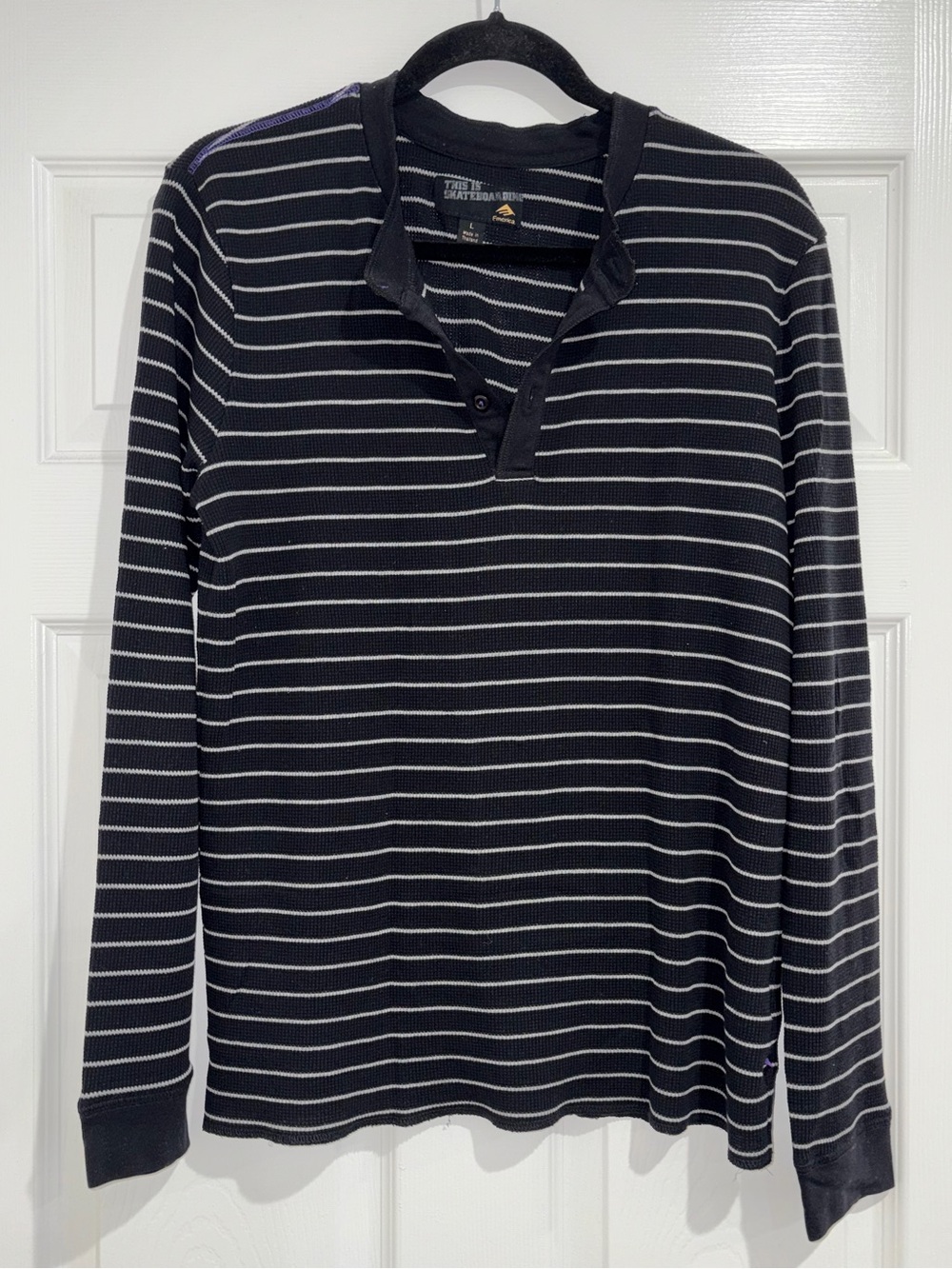 EMERICA Long-Sleeve, Striped Henley Shirt (L)